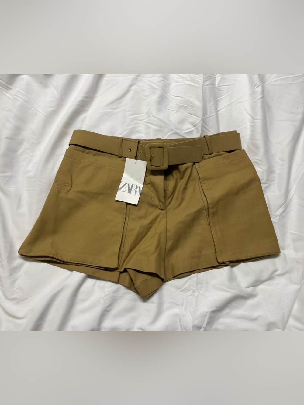 Zara Olive-Tan High-Waist Belted Shorts size L NWT